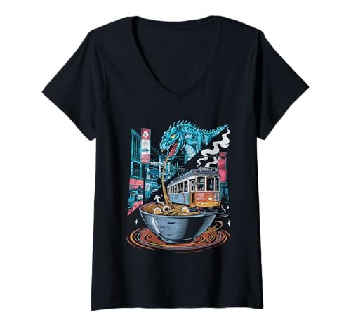 Damen Japan Ramen Tshirt Monster Kaiju Dragon Manga Anime Drache T-Shirt mit V-Ausschnitt von Ramen T-Shirt Kaiju Ukiyo-e Art Monster Japanisch
