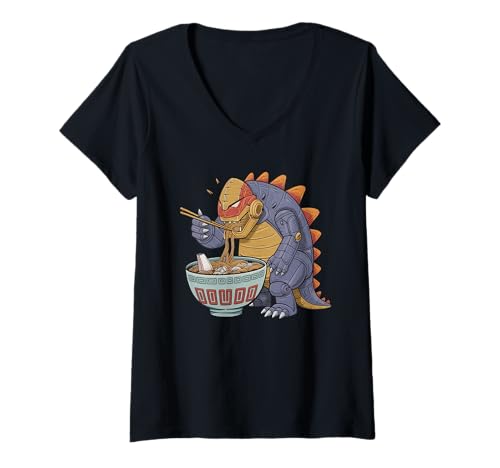 Damen Japan Ramen Tshirt Monster Kaiju Dragon Manga Anime Drache T-Shirt mit V-Ausschnitt von Ramen T-Shirt Kaiju Ukiyo-e Art Monster Japanisch