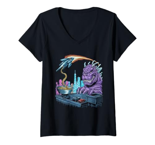 Damen Japan Ramen Tshirt Monster Kaiju Dragon Manga Anime Drache T-Shirt mit V-Ausschnitt von Ramen T-Shirt Kaiju Ukiyo-e Art Monster Japanisch