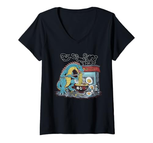 Damen Japan Ramen Tshirt Monster Kaiju Dragon Manga Anime Drache T-Shirt mit V-Ausschnitt von Ramen T-Shirt Kaiju Ukiyo-e Art Monster Japanisch