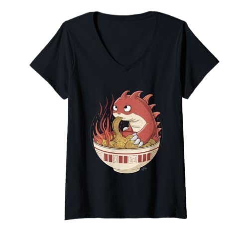 Damen Japan Ramen Tshirt Monster Kaiju Dragon Manga Anime Drache T-Shirt mit V-Ausschnitt von Ramen T-Shirt Kaiju Ukiyo-e Art Monster Japanisch