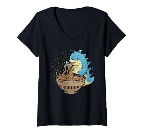 Damen Japan Ramen Tshirt Monster Kaiju Dragon Manga Anime Drache T-Shirt mit V-Ausschnitt von Ramen T-Shirt Kaiju Ukiyo-e Art Monster Japanisch