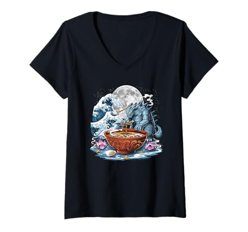 Damen Japan Ramen Tshirt Monster Kaiju Dragon Manga Anime Drache T-Shirt mit V-Ausschnitt von Ramen T-Shirt Kaiju Ukiyo-e Art Monster Japanisch