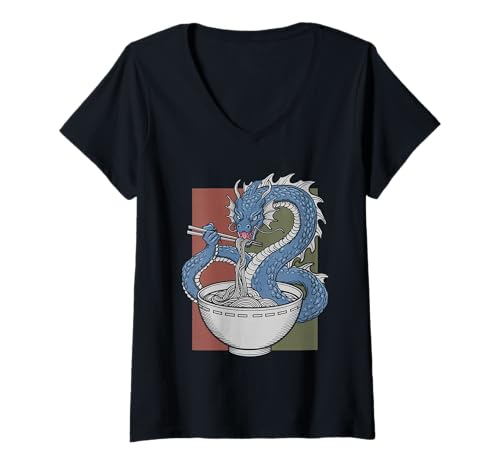 Damen Japan Ramen Tshirt Monster Kaiju Dragon Manga Anime Drache T-Shirt mit V-Ausschnitt von Ramen T-Shirt Kaiju Ukiyo-e Art Monster Japanisch