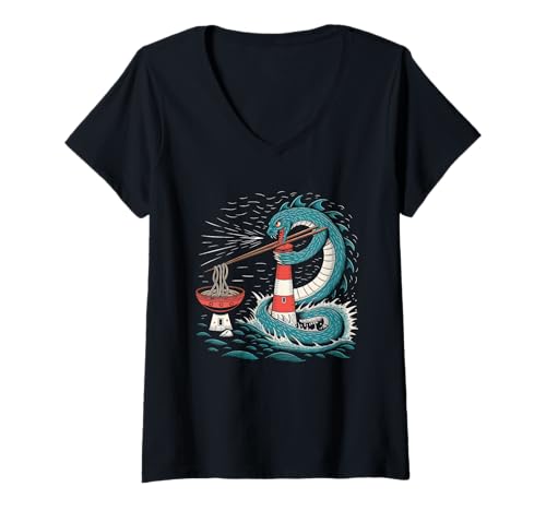 Damen Japan Ramen Tshirt Monster Kaiju Dragon Manga Anime Drache T-Shirt mit V-Ausschnitt von Ramen T-Shirt Kaiju Ukiyo-e Art Monster Japanisch