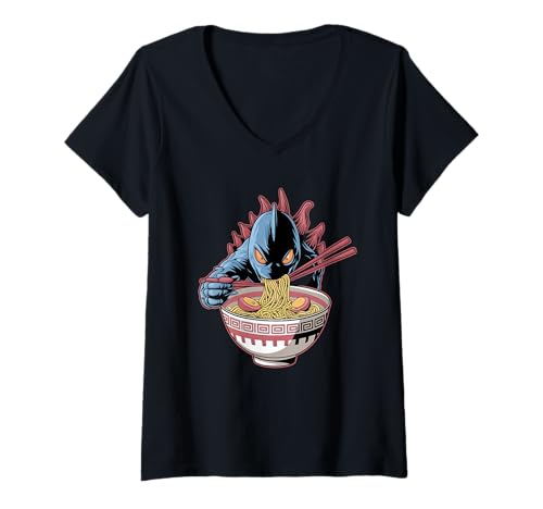 Damen Japan Ramen Tshirt Monster Kaiju Dragon Manga Anime Drache T-Shirt mit V-Ausschnitt von Ramen T-Shirt Kaiju Ukiyo-e Art Monster Japanisch