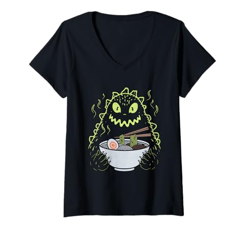 Damen Japan Ramen Tshirt Monster Kaiju Dragon Manga Anime Drache T-Shirt mit V-Ausschnitt von Ramen T-Shirt Kaiju Ukiyo-e Art Monster Japanisch
