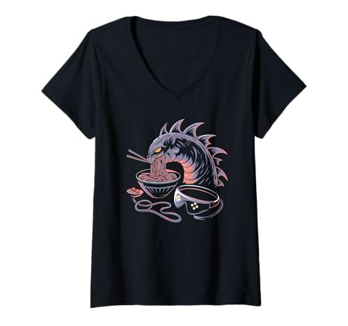 Damen Japan Ramen Tshirt Monster Kaiju Dragon Manga Anime Drache T-Shirt mit V-Ausschnitt von Ramen T-Shirt Kaiju Ukiyo-e Art Monster Japanisch