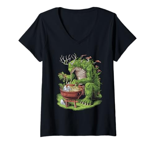 Damen Japan Ramen Tshirt Monster Kaiju Dragon Manga Anime Drache T-Shirt mit V-Ausschnitt von Ramen T-Shirt Kaiju Ukiyo-e Art Monster Japanisch