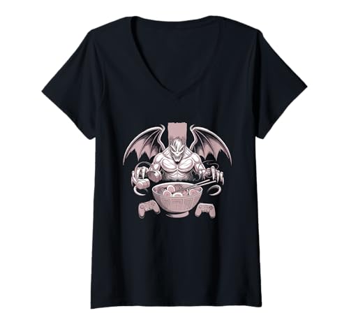 Damen Japan Ramen Tshirt Monster Kaiju Dragon Manga Anime Drache T-Shirt mit V-Ausschnitt von Ramen T-Shirt Kaiju Ukiyo-e Art Monster Japanisch