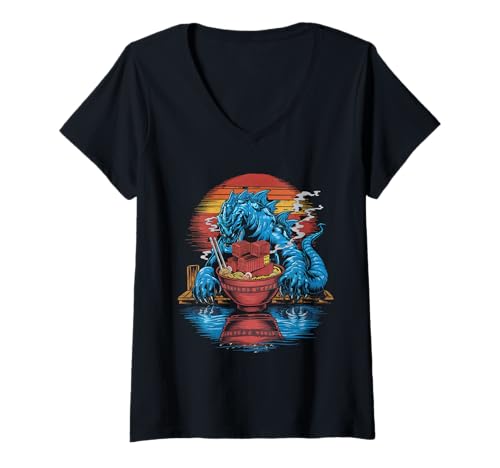 Damen Japan Ramen Tshirt Monster Kaiju Dragon Manga Anime Drache T-Shirt mit V-Ausschnitt von Ramen T-Shirt Kaiju Ukiyo-e Art Monster Japanisch