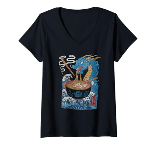 Damen Japan Ramen Tshirt Monster Kaiju Dragon Manga Anime Drache T-Shirt mit V-Ausschnitt von Ramen T-Shirt Kaiju Ukiyo-e Art Monster Japanisch
