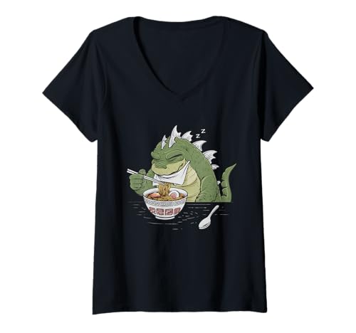 Damen Japan Ramen Tshirt Monster Kaiju Dragon Manga Anime Drache T-Shirt mit V-Ausschnitt von Ramen T-Shirt Kaiju Ukiyo-e Art Monster Japanisch