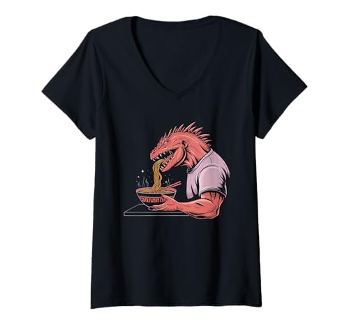 Damen Japan Ramen Tshirt Monster Kaiju Dragon Manga Anime Drache T-Shirt mit V-Ausschnitt von Ramen T-Shirt Kaiju Ukiyo-e Art Monster Japanisch