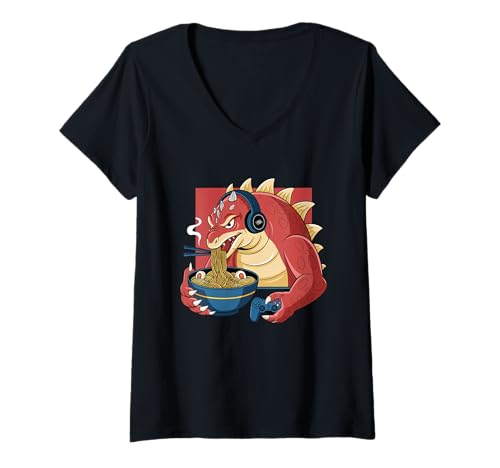 Damen Japan Ramen Tshirt Monster Kaiju Dragon Manga Anime Drache T-Shirt mit V-Ausschnitt von Ramen T-Shirt Kaiju Ukiyo-e Art Monster Japanisch