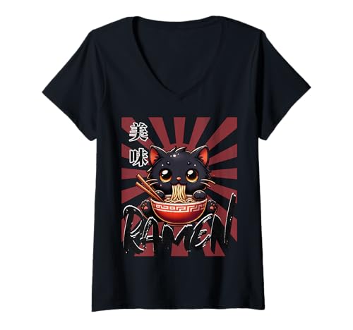 Damen Noodles Ramen Katze Anime Manga Cat Ramen T-Shirt mit V-Ausschnitt Damen Noodles Ramen Katze Anime Manga Cat Ramen T-Shirt mit V-Ausschnitt von Ramen ala Cat