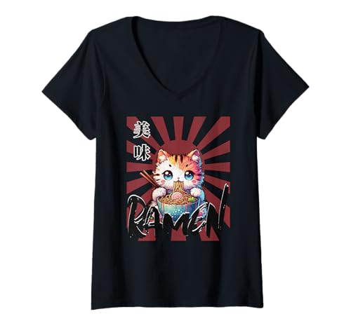 Damen Noodles Ramen Katze Anime Manga Cat Ramen T-Shirt mit V-Ausschnitt von Ramen ala Cat