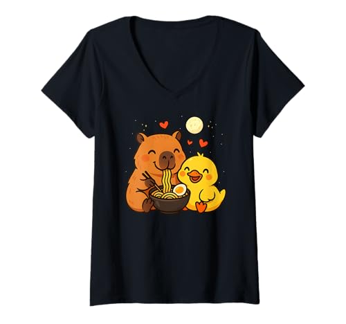 Damen Lustige Capybara gelbe Ente Ramen BFF Tierliebhaber Valentinstag T-Shirt mit V-Ausschnitt von RamenAxis1