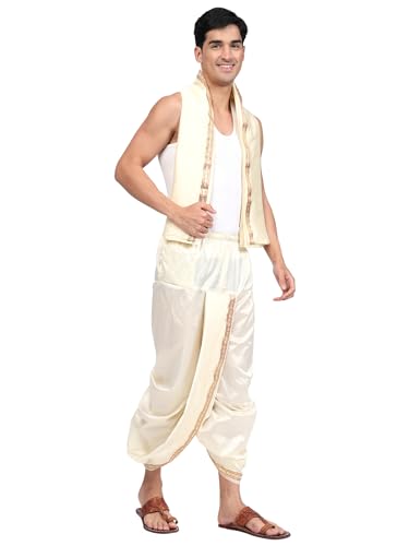 Rameshwaram Fabrics Herren Seide Ready to Wear Dhoti für Männer (fertige Dhoti-Hose mit Dupatta), geeignet mit Kurta, Einheitsgröße, Creme, Einheitsgröße, Cream, Einheitsgröße von Rameshwaram Fabrics