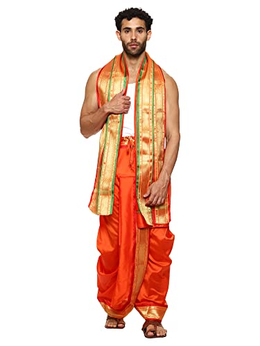 Rameshwaram Fabrics Indisches Kleid Dhoti für Herren, gebrauchsfertig, genähter Dhoti mit Stola, Bhagwa_bb, Einheitsgröße Rameshwaram Fabrics Indisches Kleid Dhoti für Herren, gebrauchsfertig, genähter Dhoti mit Stola, Bhagwa_bb, Einheitsgröße von Rameshwaram Fabrics