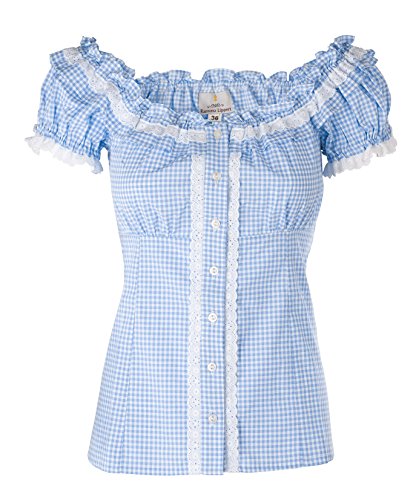 Ramona Lippert® - Damen Dirndl Bluse Laila 40 Blau Kariert Rundausschnitt mit Rüschen im Rücken einstellbare Schlaufen - Trachtenbluse - Blusen für Trachten z.B. zum Oktoberfest von Ramona Lippert