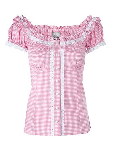 Ramona Lippert® - Damen Dirndl Bluse Laila 46 Rosa Kariert Rundausschnitt mit Rüschen im Rücken einstellbare Schlaufen - Trachtenbluse - Blusen für Trachten z.B. zum Oktoberfest von Ramona Lippert