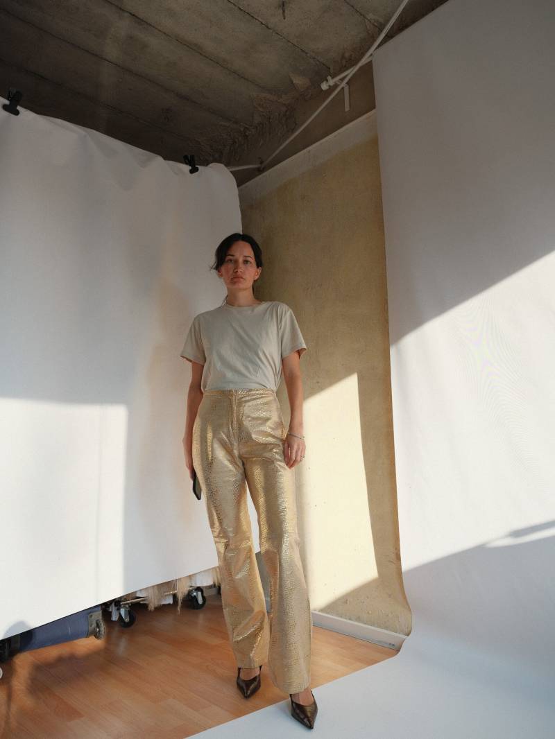 90Er Jahre Gold Echtleder Schlange Print Hose Mit Weitem Bein Uk 30-40 von RamonasArchives