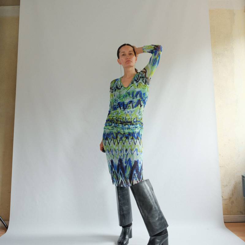 Jean Paul Gaultier Geraffte Lime Grün Und Blau Tattoo Print Micro Mesh Kleid Osfm von RamonasArchives