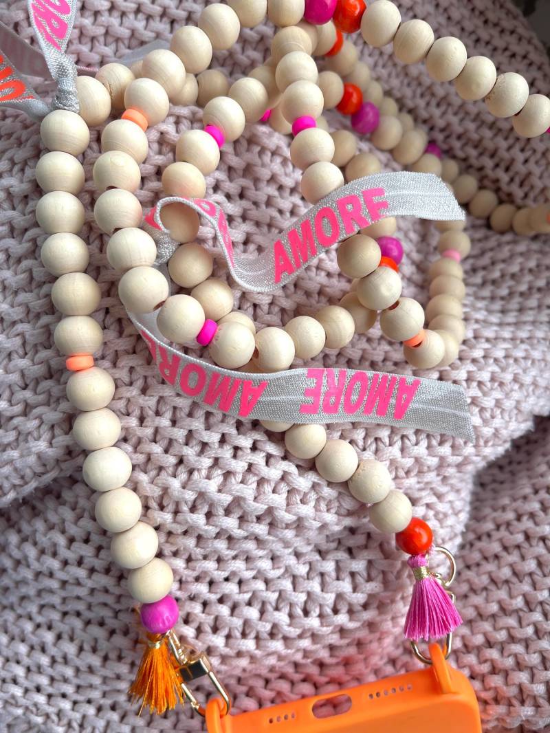 Handykette Amore Regenbogen Boho Yoga Holzperlen Quasten Hippie Bodycross Gold Ohne Hülle Acrylperlen von Ramonaslovelythings