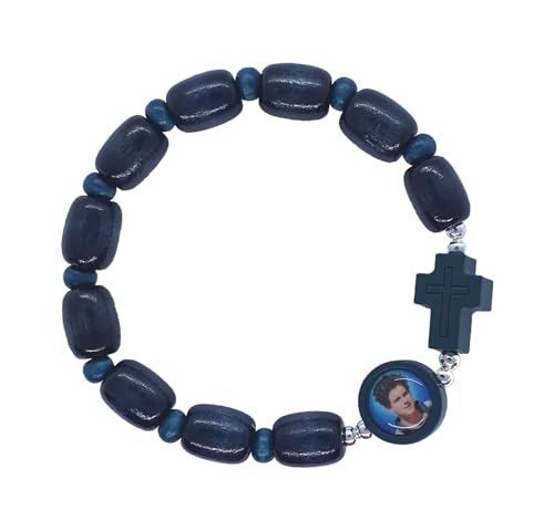 Carlo Acutis Stretch-Rosenkranz-Armband, 10 mm, blaue Holzperlen, Fotoperle und Kreuz, mittelgroß, Holz, kein Edelstein von Rampart Catholic