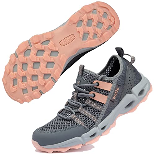 Wanderschuhe Damen Trekkingschuhe Leicht rutschfeste Outdoor-Sportschuhe Atmungsaktive Mesh Sommer Fahrradschuhe Wasserschuhe Grau Orange 43 EU von Ranberone