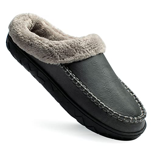 Ranberone Herren Hausschuhe Faux Lrather Upper Mokassin Hausschuhe mit flauschigem Plüschfutter für drinnen und draußen, grau, 41/43 EU von Ranberone