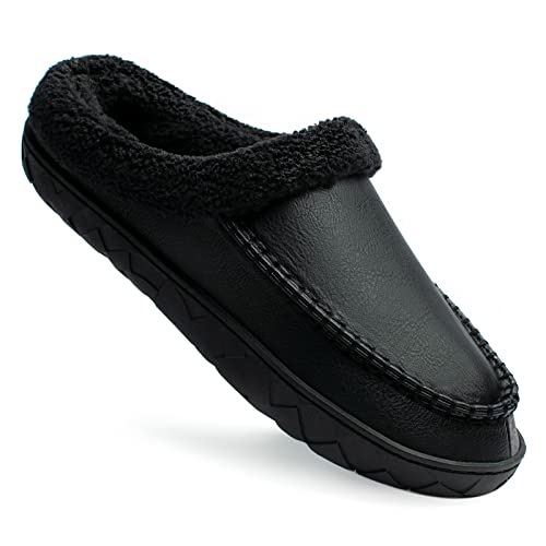 Ranberone Herren Hausschuhe Faux Lrather Upper Mokassin Hausschuhe mit flauschigem Plüschfutter für drinnen und draußen, schwarz, 45/46 EU von Ranberone