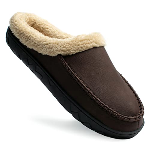 Ranberone Herren Hausschuhe Microsuede Obermaterial Mokassin Haus Schuhe mit flauschigem Plüschfutter Indoor und Outdoor, Kaffeefarbenes Kunstleder, 41/43 EU von Ranberone