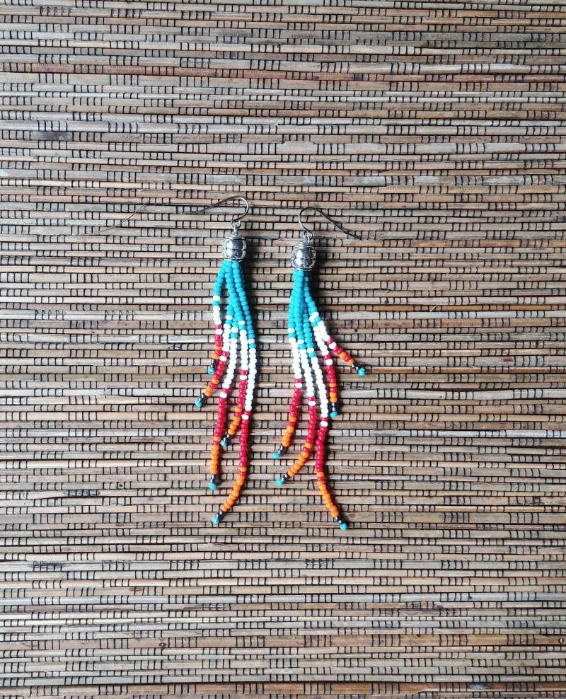 Fransen Perlen Ohrringe, Lange Boho Statement Türkis E43 Fransen Perlen Ohrringe, Lange Boho Statement Türkis E43 von RanchoArt