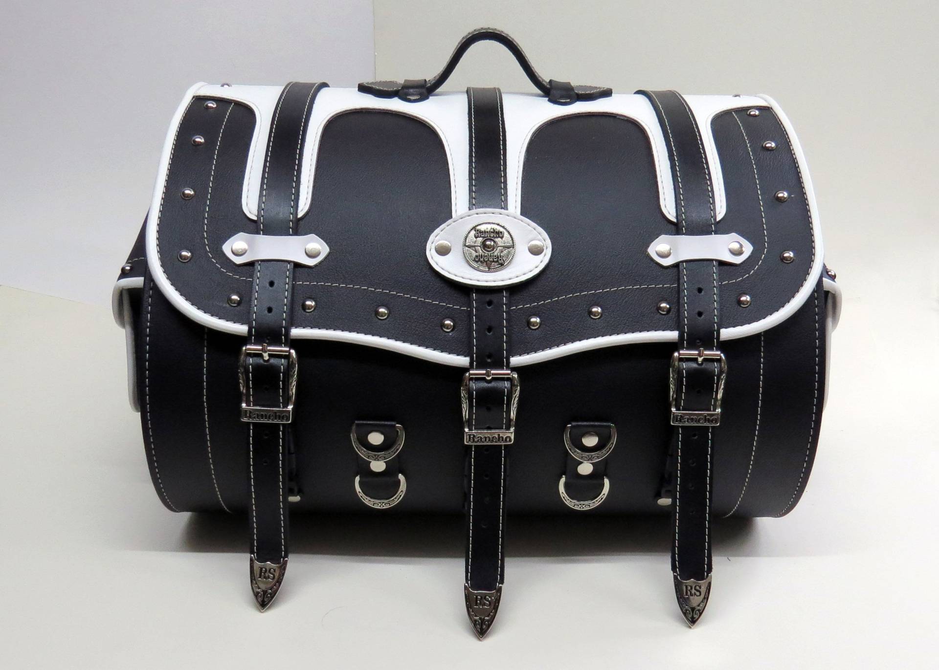 Handgemachte Leder Motorrad Sissy Bar Tasche Black & White Fahrrad-Gepäck von RanchoStyle