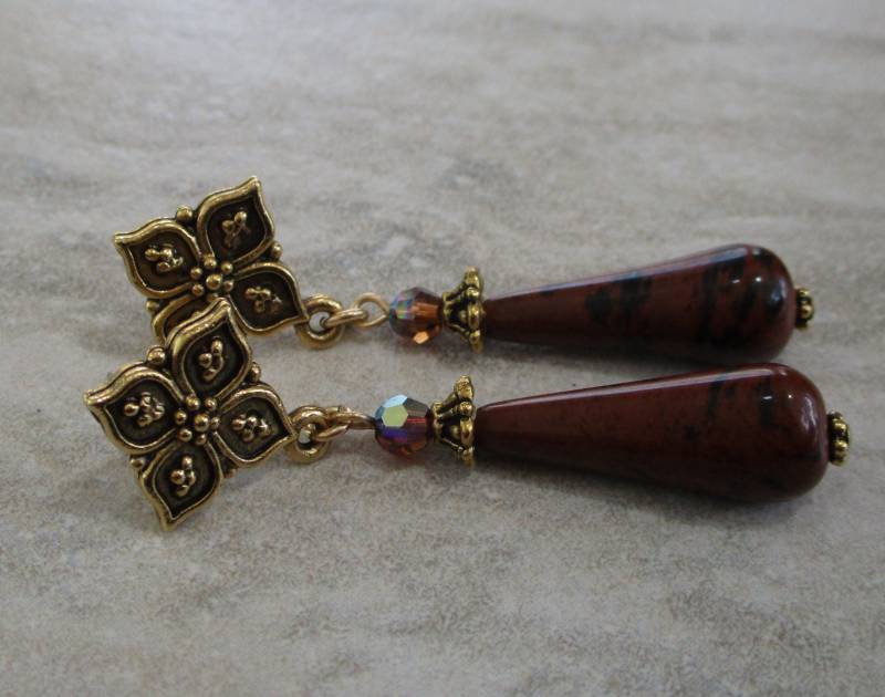 Braune Und Schwarze Ohrstecker | Tropfen Ohrringe Mahagoni Obsidian Post von RandallVDesigns