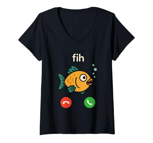 Damen Fih Is Calling Lustiger Fisch Meme Telefon Witz T-Shirt mit V-Ausschnitt Damen Fih Is Calling Lustiger Fisch Meme Telefon Witz T-Shirt mit V-Ausschnitt von Random Fish With Important Messages