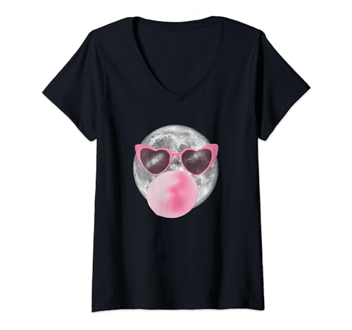 Damen Moon Pink Bubble Gum Heart Sonnenbrille T-Shirt mit V-Ausschnitt von Random Galaxy