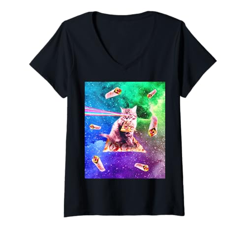 Damen Space Cat isst Pizza — Laseraugen in Regenbogenfarben, Burrito T-Shirt mit V-Ausschnitt Damen Space Cat isst Pizza — Laseraugen in Regenbogenfarben, Burrito T-Shirt mit V-Ausschnitt von Random Galaxy
