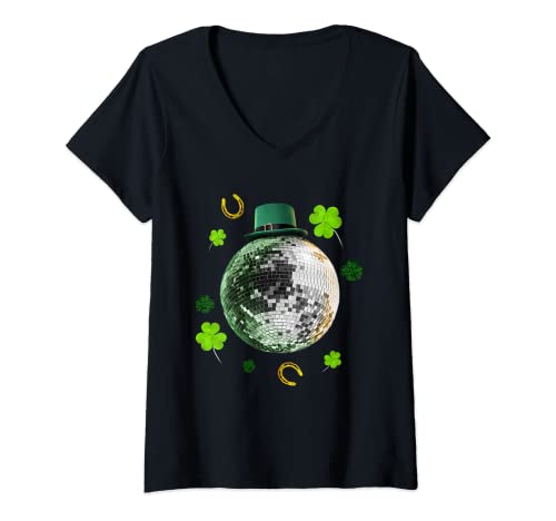 Damen St. Patrick's Day Disco Ball Kleeblatt Lucky Hufeisen T-Shirt mit V-Ausschnitt von Random Galaxy