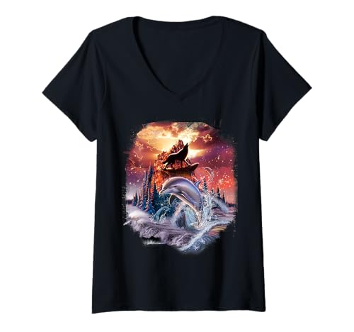Damen Wolf und Delfin, Wölfe und Delfine, Beach Mountain T-Shirt mit V-Ausschnitt von Random Galaxy