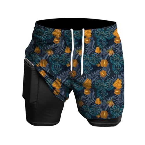 Herren Laufshorts 2 in 1 Shorts Gym Athletic Shorts Outdoor Marathon Workout Trainingsshorts Blaue Tropische Blätter M von Rane Sports