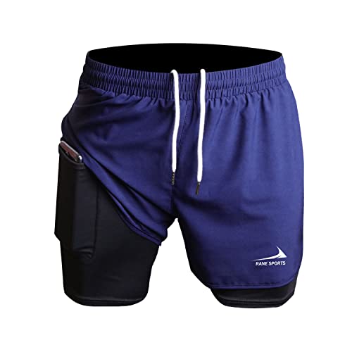 Herren Laufshorts 2 in 1 Shorts Gym Athletic Shorts Outdoor Marathon Workout Trainingsshorts Navy blau L von Rane Sports