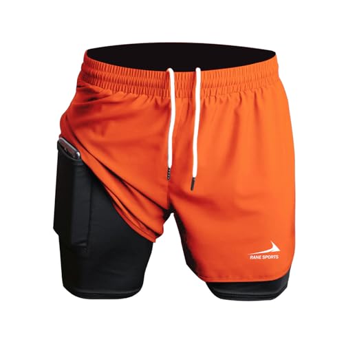 Herren Laufshorts 2 in 1 Shorts Gym Athletic Shorts Outdoor Marathon Workout Trainingsshorts Orange 2XL von Rane Sports
