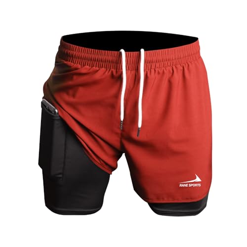 Herren Laufshorts 2 in 1 Shorts Gym Athletic Shorts Outdoor Marathon Workout Trainingsshorts rot orange 2XL von Rane Sports