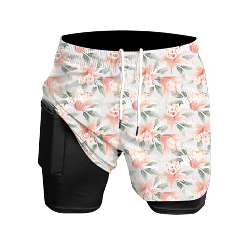 Herren Laufshorts 2 in 1 Shorts Gym Athletic Shorts Outdoor Marathon Workout Trainingsshorts weiße Lilie 2XL von Rane Sports