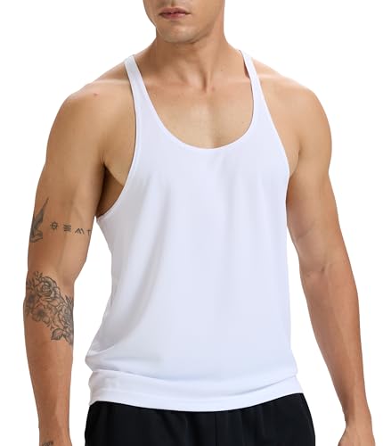Herren Stringer Tank Top Bodybuilding Workout Gym Weste Ärmelloses Shirt Y-Rücken Dry Fit Training Muscule Cut T-Shirt Weiß M von Rane Sports