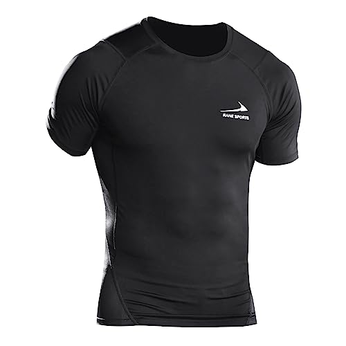 Herren-Strumpfhose, T-Shirt, Stretch, Training, Laufen, Kompressionsweste, kurzärmelig, atmungsaktiv, schnell trocknend, für Fitnessstudio, Sport, Yoga Schwarz 2XL von Rane Sports