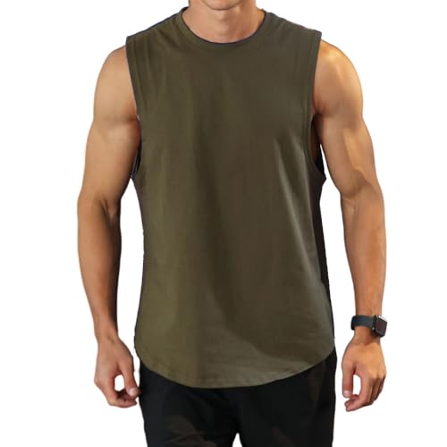 Herren Workout Bodybuilding Tanktops Athletisches Training Gym Shirts Weste Baumwolle abgeschnittenes ärmelloses Muskel-T-Shirt 03 Armeegrün XL von Rane Sports